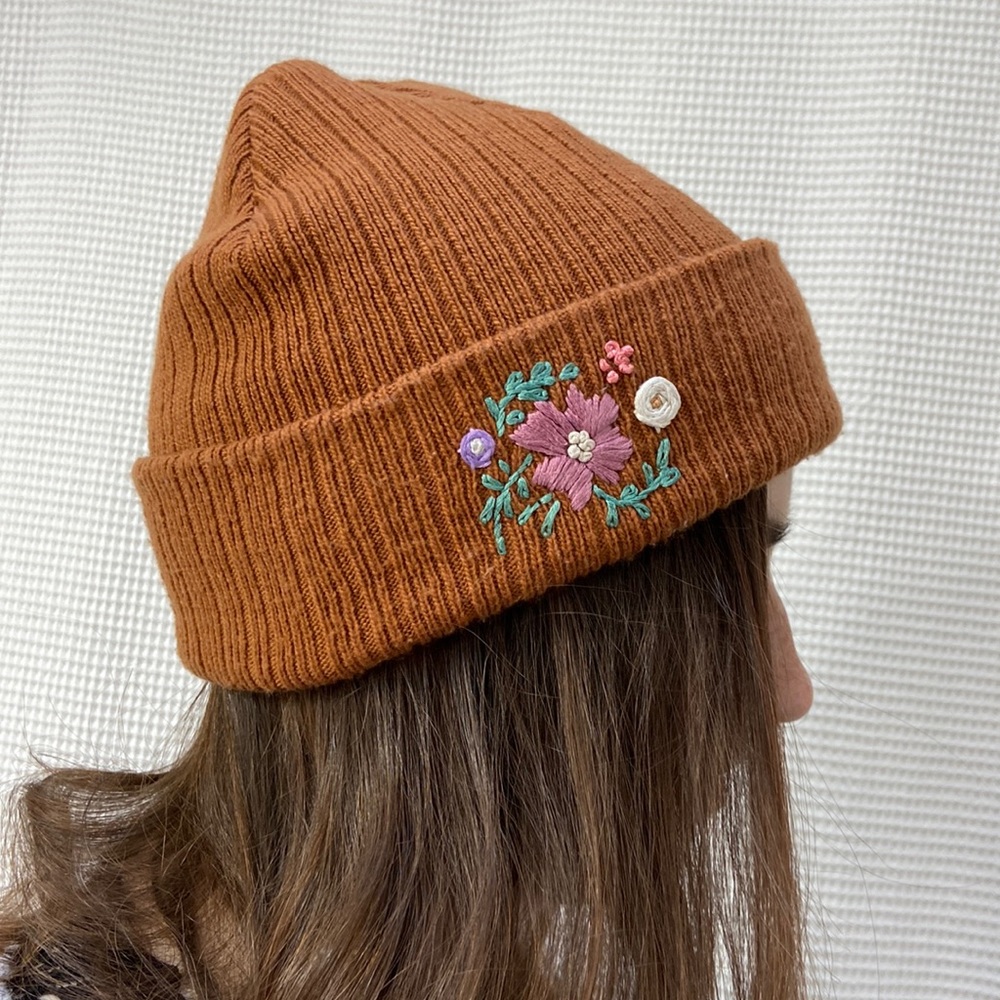 Women’s Wild Fable floral hand-embroidered beanie hat. One size. Handmade by me.